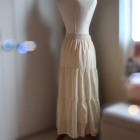 Able Harper Tiered Maxi Skirt Tan/White Pinstripe Womens L Boho Festival - Picture 3 of 7